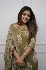 Olive Floral Kurti Set with Dupatta