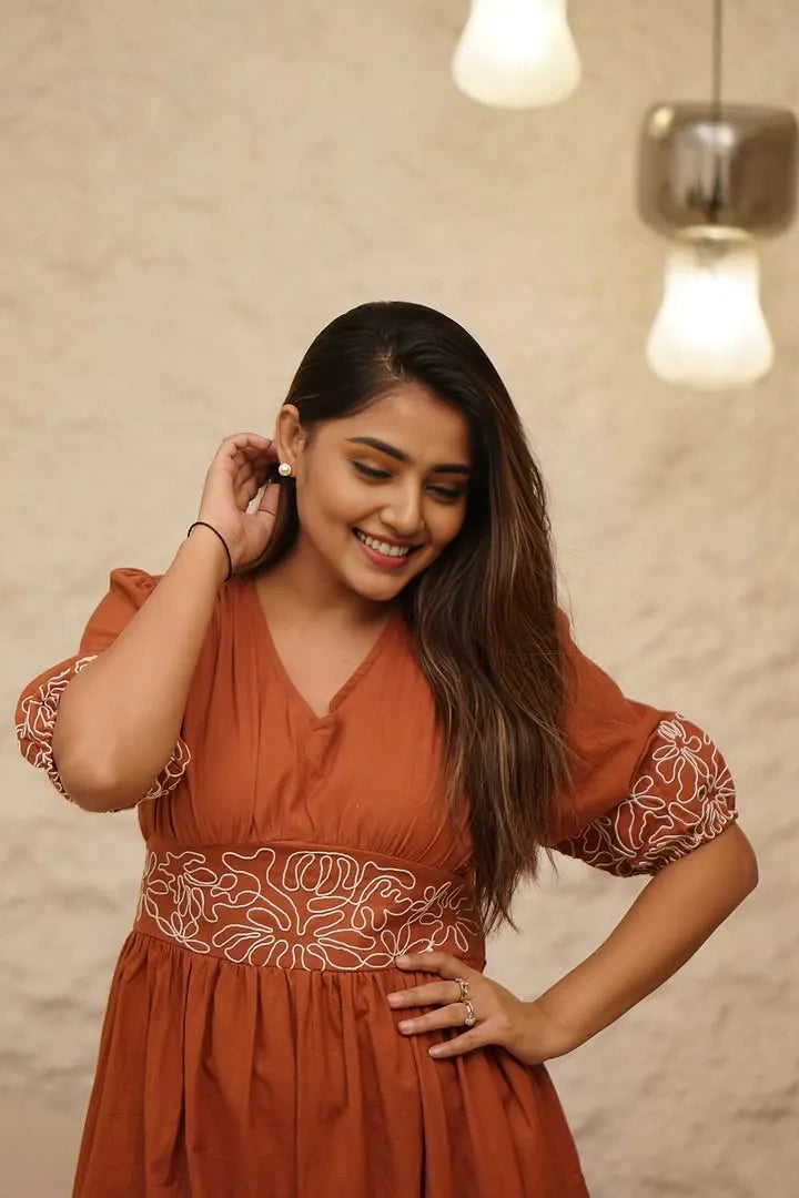 Rustic Orange Embroidered Midi Dress