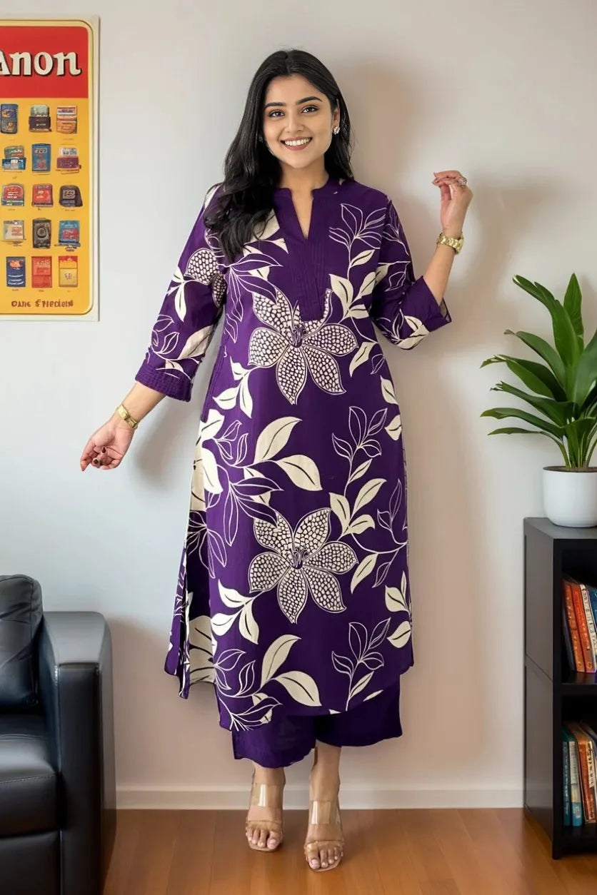 Purple Floral Print Kurta with Palazzo