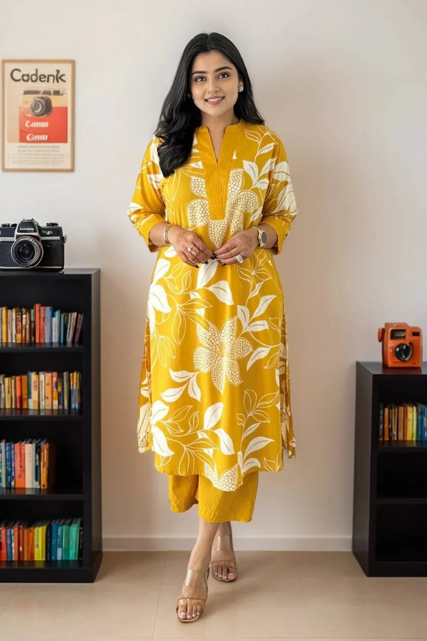 Yellow Floral Print Kurta with Palazzo