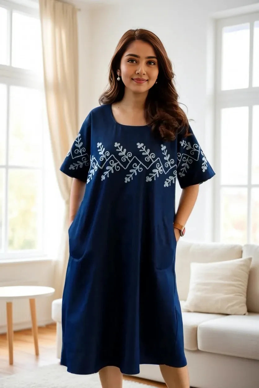 Blue Embroidered Cotton Midi Dress