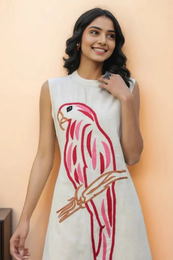 Pink Parrot Embroidered Cotton Flex Co-Ord Set