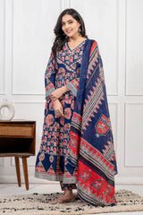 Blue Cotton Angrakha Style Kurta Set
