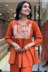 Orange A-line Embroidery Kurta with Palazzo
