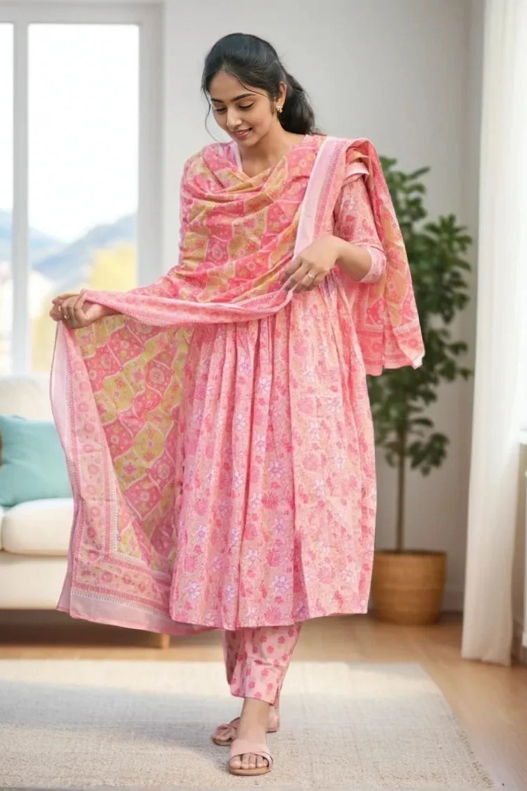 Pink Floral Kurti Set with Dupatta