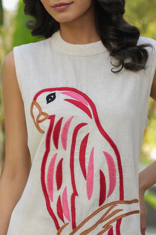Pink Parrot Embroidered Cotton Flex Co-Ord Set