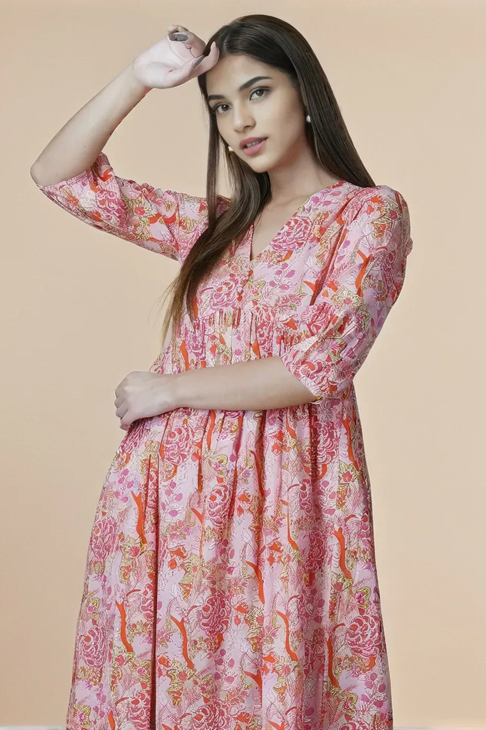 Pink Floral Anarkali Midi Dress