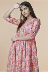 Pink Floral Anarkali Midi Dress