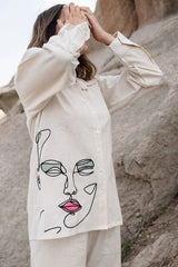Off White Cotton Flex Embroidered Co-Ord Set