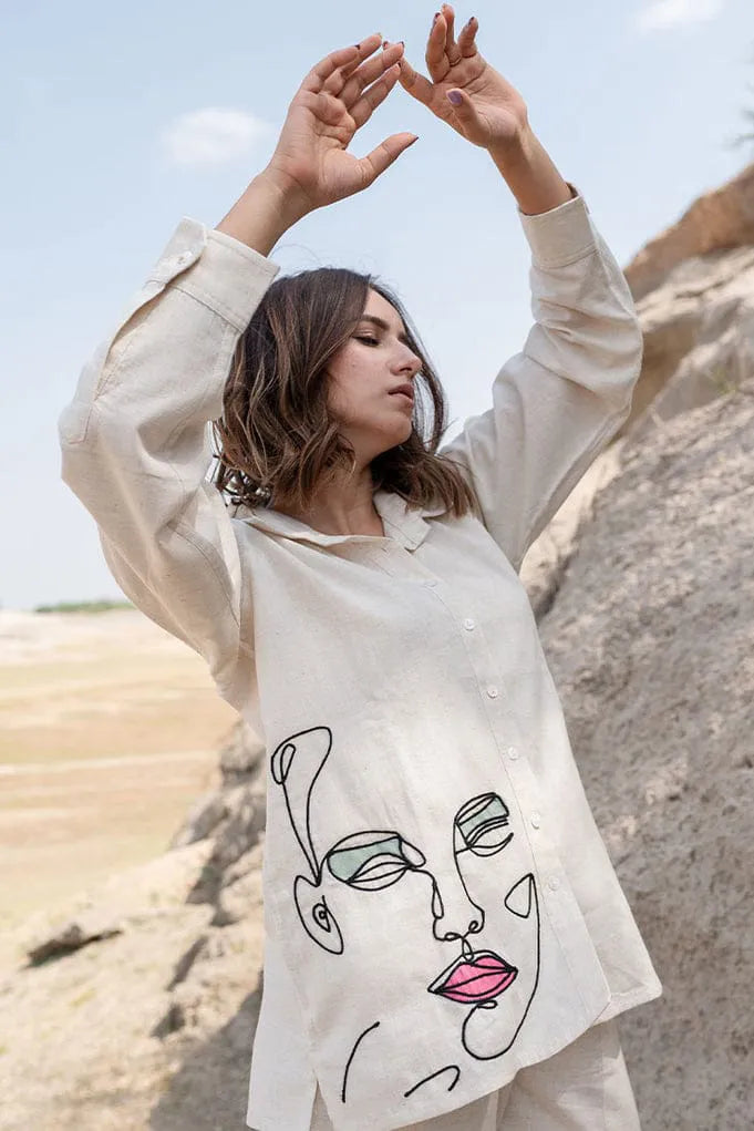 Off White Cotton Flex Embroidered Co-Ord Set