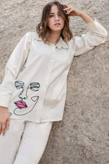 Off White Cotton Flex Embroidered Co-Ord Set