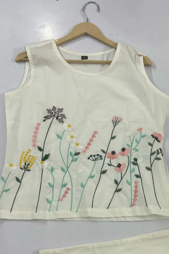 White Embroidered Sleeveless Palazzo Co-ord Set