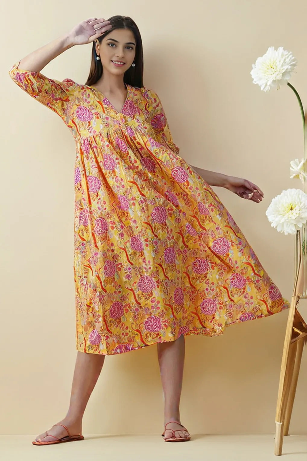 Yellow Floral Anarkali Midi Dress