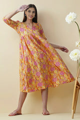 Yellow Floral Anarkali Midi Dress